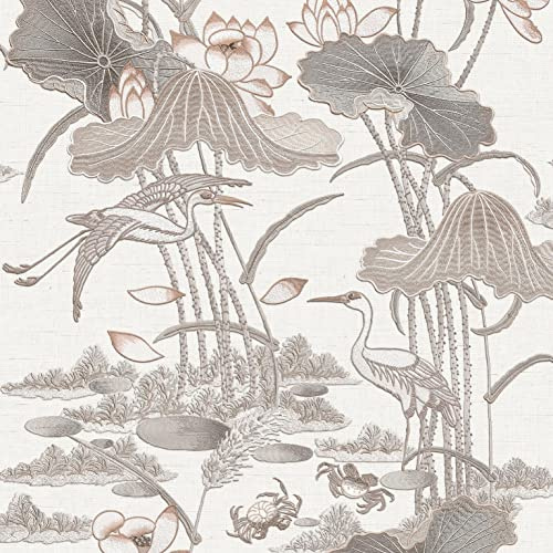 YöL Lotus Pond Grey Wallpaper - Floral Crane Bird Lily Pads Crabs Silk Textured Paste The Wall Modern Non-Woven Vinyl