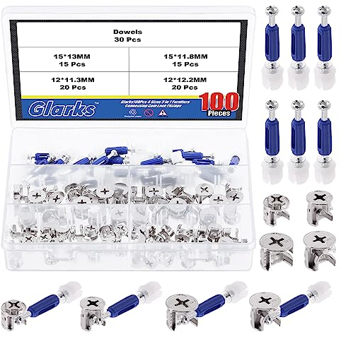 Glarks 100 pezzi di 4 misure 3 in 1 per mobili con kit assortito di tasselli, 15 x 13/15 x 11,8/12 x 12,2/12 x 11,3 mm, dadi di bloccaggio a camma e viti a camma per connettori di armadi, cassetti e
