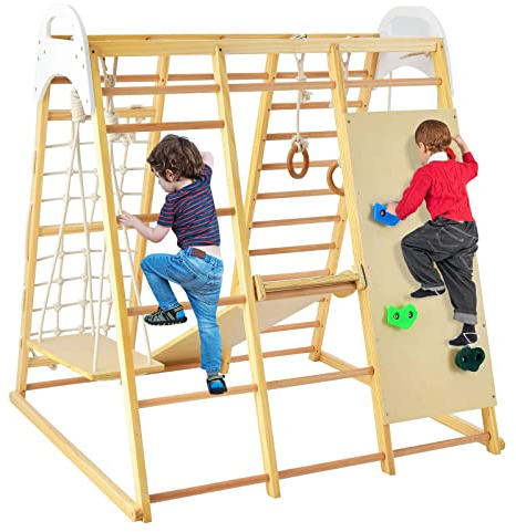 Maxmass 8-in-1 Kids Climbing Frame, Wooden Climber Playground with Slide, Monkey Bars, Gymnastics Rings, Rope Ladder and Swing, Multifunctional Jungle Gym Playset for Indoor (Natural)