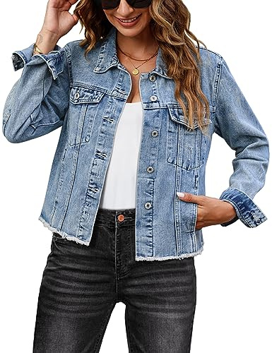 Luvamia Women's Distressed Denim Shirt Jacket - Light Blue Utility Jacket - Summer Jean Top - Size Large (Fits 12-14)