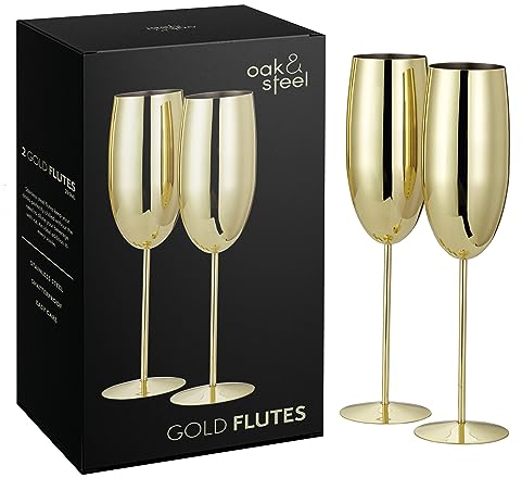 Oak & Steel - 2 Flûtes à Champagne Dorées, 280 ml - Verres à Prosecco en Acier Inoxydable Doré avec Boîte Cadeau