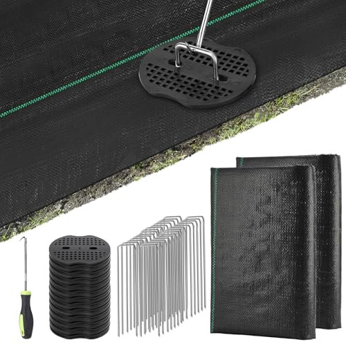 PAMASE Landscape Weed Barrier Fabric - 40pcs Tear-Proof Gaskets, 40pcs Garden Stakes, Pick Hook, 3.2oz Heavy Duty Outdoor Ground Cover Weed Cloth Control - 4 x 100ft