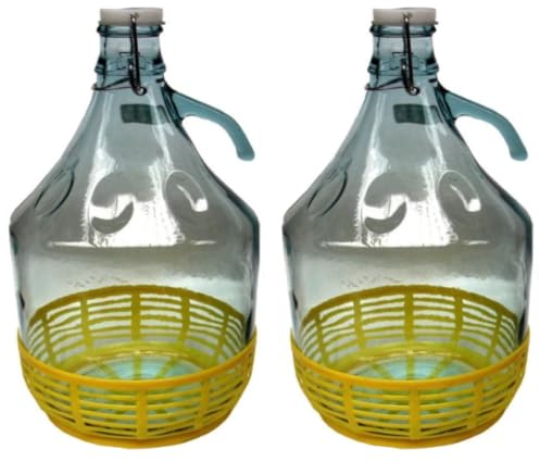2 Dame in Vetro Palloncini da 5 l con Chiusura a Gancio e Cestino in plastica - Damigiana 5 L con Tappo ermetico a Leva
