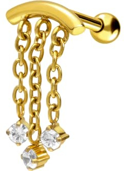 PIERCINGLINE Ohrpiercing aus Chirurgenstahl mit Bogen 3 Ketten und 3 Kristallen | Piercing als Ohr-Stecker, Helix oder Tragus in 4 stylischen Farben