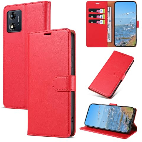 KKEIKO Funda para Motorola Moto E13, Billetera Carcasa de PU Cuero, Anti Golpes Magnético Funda con Stand Function para Motorola Moto E13, Rojo