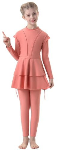 IMEKIS Maillot de bain 3 pièces pour fille musulmane à manches longues avec hijab couverture complète rashguard tankini à volants pour l'été, pêche, 9-10 ans