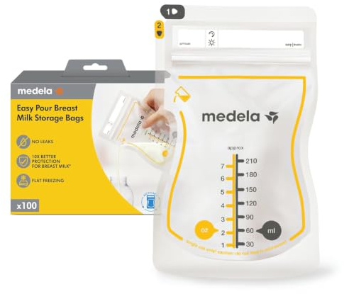 Medela Sacchetti per latte materno facili da versare, 100 pezzi, 210 ml, usa e getta, a prova di perdite, congelamento rapido, protezione per il latte materno riciclabili e senza BPA