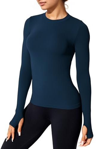 JTSONN Sporttröja, långärmad tröja med tumhål for dam, sportig, lätt, transpirerande kompressionströja, funktionell topp för yoga, fitness, med smal passform, Blå, S
