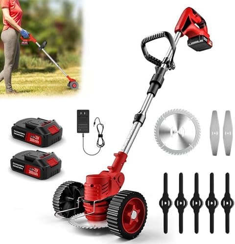 Désherbeur de mauvaises herbes sans fil avec 3 types de lames et roues amovibles, alimentation par batterie pour jardin, pelouse et cour