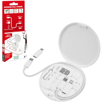 W Wonder – Kit 5-en-1 Câble Multifonction USB-A & C vers USB-C, Lightning, Micro-USB – Câble 26 cm avec Boîtier Compact – Recharge & Data – Blanc – iPhone, Android, Accessoires