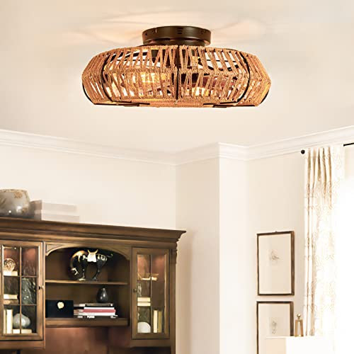 Vintage Industrial Hemp Rope Ceiling Fan with Lights and Remote Control Retro Design Silent Motor Timer Reversible Blades E27 Base Ideal for Bedroom or Bar