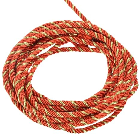 QUARKZMAN Adorno de Cordón Trenzado, 5 Yardas 5mm 3 Hilos Cuerda Trenzada Brillante para Bolsas de Regalo, Cortinas, Decoración Navideña, Rojo y Dorado - 5m