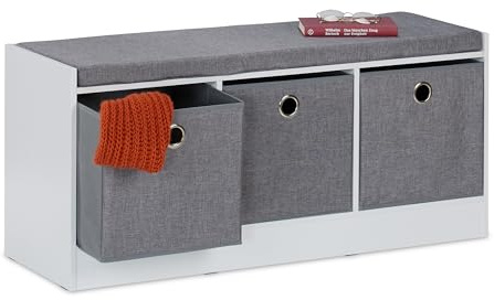 Relaxdays sittbänk, klädselbänk med 3 tyglådor, H x B x D: 46 x 102 x 32 cm, MDF, förvaringsbänk, vit/grå