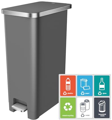 EKO Hana Poubelle de cuisine à pédale avec roulettes intégrées pour cuisine et usage domestique, 30 l, gris