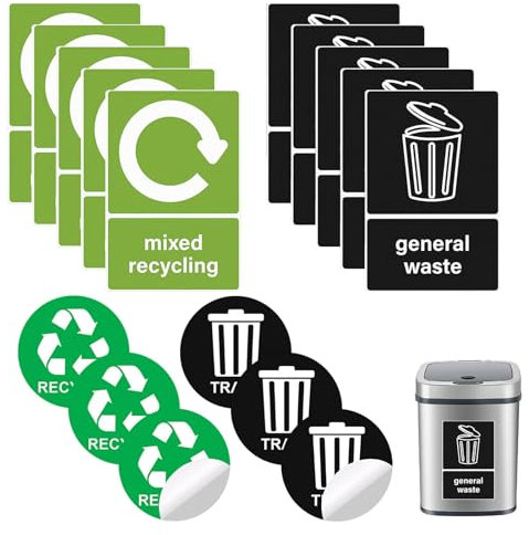 16PCS Recycling Stickers for Bins Labels,Self Adhesive Bin Labels,Recycle Bin Stickers Recycling And General Waste,for General Waste & Mixed Recycling,Indoor/Outdoor Use