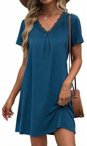 Litherday Chemise de Nuit Femme Coton Robe de Nuit Col V Dentelle Manches Courtes Nuisette Vêtement de Nuit Bleu Royal M