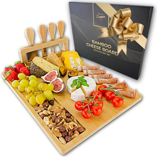 Planche à fromage et couteau en bambou – Plateau de service en bois 100 % naturel – Planche à charcuterie – Choix parfait pour les gourmets, les cadeaux d'anniversaire, les cadeaux de mariage, les