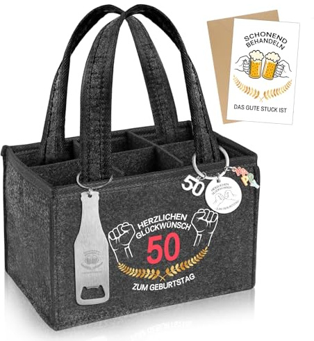 INQUIRLLY Geschenke 50 Geburtstag Mann, Männerhandtasche Bier mit 50.Geburtstag Schlüsselanhänger, Männerhandtasche Bier Flaschentasche mit Flaschenöffner und Grußkarten, Bierträger für Bierliebhaber