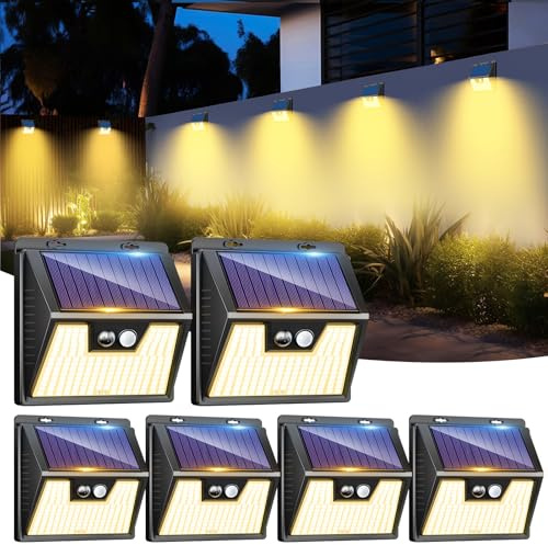 LOTMOS 6 Pack Solar Lights Outdoor Garden, 176 LED Ultra Bright Security Lights Motion Sensor, 3 Modes Waterproof Solar Powered Wall Fence Lights for Outside Stair Garage Yard Frontdoor, Warm White