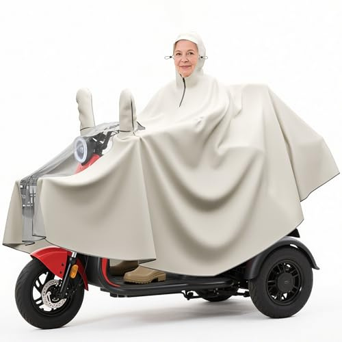 [L] Mobility Scooter Cape/Poncho/Rain Cover, Waterproof & Warm, Cover Your Feet & Calves, Adjustable Hood with Elastic String Toggles, for Medium & Large Sized Scooters, Motorcycles (Beige, L)