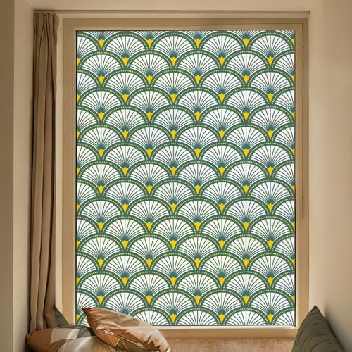 dktie Fensterfolie Blickdicht Sichtschutzfolie Fenster Milchglasfolie Grünes fächerförmiges Muster mit Leuchtend goldenen Akzenten Statische Aufkleber ohne Klebstoff Wiederverwendbar 44.5x200cm