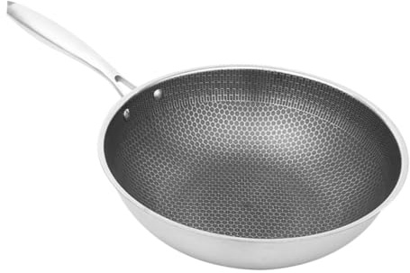 STOBAZA Padella Wok in Acciaio Antiruggine Antiaderente Fondo Nido D'ape Manico Ergonomico Resistente All’usura Per Cottura a Vapore e Frittura in Cucina