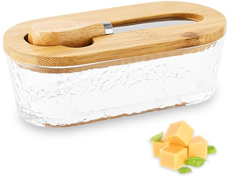 Hammered Glass Butter Dish with Wooden Lid, Oval Butter Keeper with Spreader, Wood & Glass Butter Container with Cover for Kitchen, Dining, Cheese, Spread Butter
