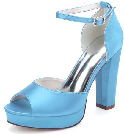 LRMYMHY Zapatos De Boda para Mujer con Plataforma Y Tacón Grueso Punta Abierta Correa Al Tobillo Y Hebilla Sandalias De Tacón,Sky Blue,39 EU