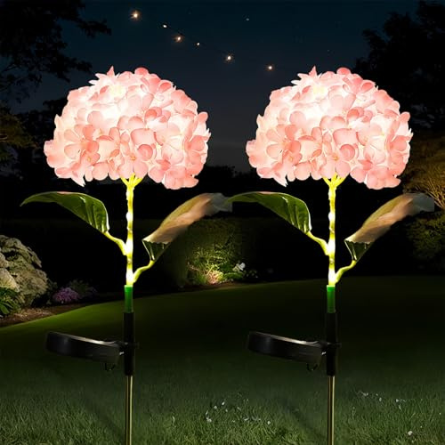 Eidoct Solar Garden Ornaments, Outdoor Solar Lights, Pink Hydrangea Outdoor Decorative Lights, Waterproof Garden Light, Suitable for Lawns, Patios, Flowerbeds, Pathways, and Courtyards (Set of 2)