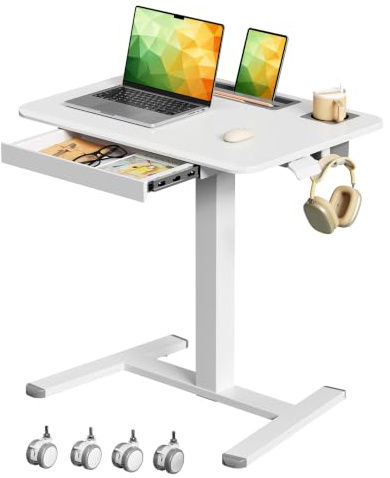 Gibbon Mounts Laptoptisch Höhenverstellbar 70x50cm mit Schubladen & Rollen | Weiß Mobiler Schreibtisch mit Slot, Halter & Haken, 3cm Flacher Sockel für Enge Lücken, 4 Feststellbare Räder als Ersatz inkl
