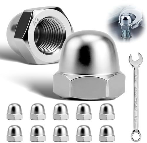 ITSOGOO 10 Piezas M10 Tuercas Ciegas Hexagonales A2 V2A Acero Inoxidable DIN 1587 Alta Forma Tuerca Sombrerete Bellota para Tornillos Pernos Varillas Roscadas