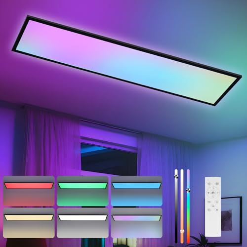CBJKTX LED Panel 120x30 Deckenpanel Deckenpanel Lang RGB Farbwechsel Büro | Deckenleuchte Flach mit Fernbedienung Bürolampe Decke 39W Schwarz Groß Rechteckig Deckenlampe für Wohnzimmer Korridor Garage
