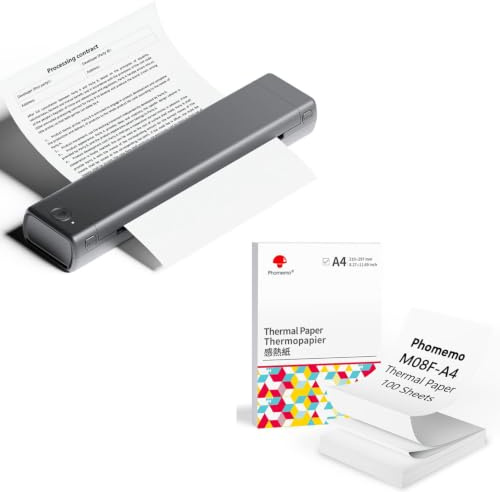 Phomemo M08F A4 Tragbarer Drucker Grau mit 100 Blatt Gefaltetem A4 Thermopapier, kabelloser Bluetooth Mobildrucker für Reisen, Auto, Büro und Zuhause