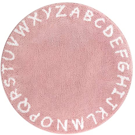 Lahome ABC Pink Round Rug for Girls Bedroom - 3ft Washable Small Classroom Rug Non Slip Alphabet Rug, Circle Nursery Rug for Kids Room, Cute Furry Plush Shaggy Crawling Play Mat for Children Toddlers