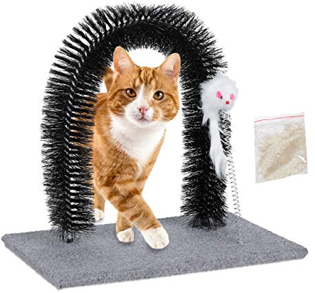 Relaxdays Kratzbogen für Katzen, Enthaarungsbogen, Fellpflege & Massage, Katzenminze & Spielmaus, alle Haarlängen, grau