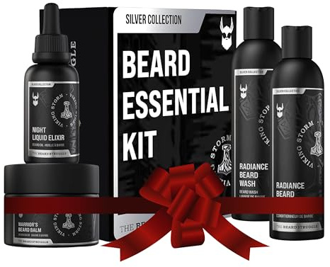 Beard Growth Kit for Men by The Beard Struggle - Essential Beard Kit includes Beard Balm, Beard Oil, Beard Wash & Beard Conditioner - Beard Grooming Kit for Men - Silver Collection - Viking Storm