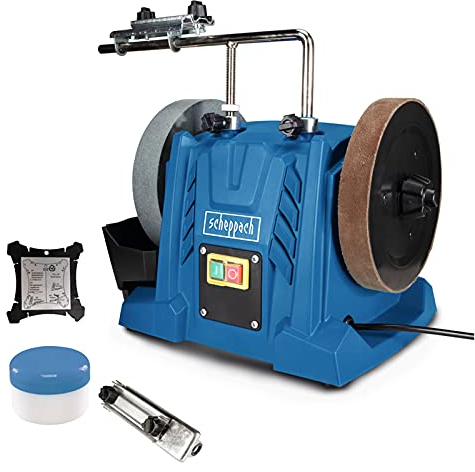 Scheppach Affûteuse à eau TIGER 5000S | Moteur à induction 150W, Meule en corindon supérieur de Ø 200mm, Dispositif universel | Pâte à poncer | Disque à poncer en cuir | Jauge d'angle