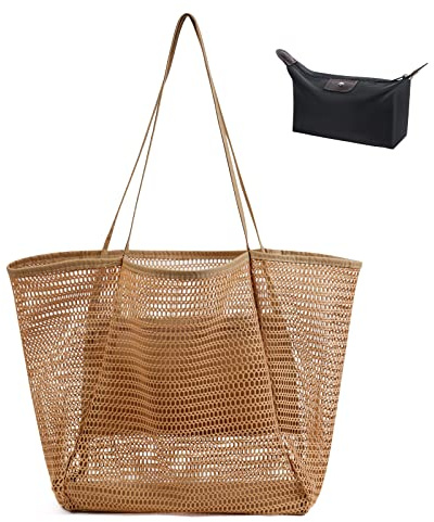 flintronic Nätstrandväska, sommar strandväska överdimensionerad tygväska för damer axelväska med dragkedja fickor nät nylonväska, perfekt för strandfest resor picknick semester shopping, Brun, L, 10 %