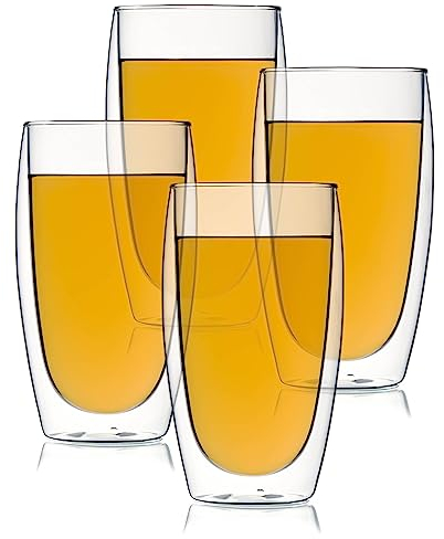 Valley of Tea Glass Teacup - 4 Pack 450 ml - Double Walled Insulated Clear Tea Cup