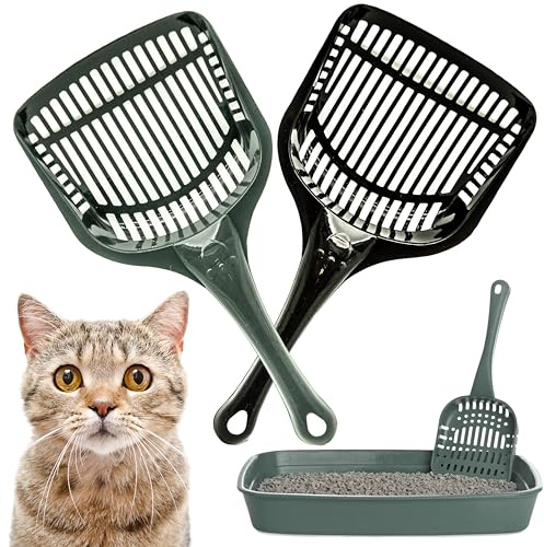 Petopedia Set of 2 – Strong Cat Litter Scoop – Plastic Shovel for Cats Litters, Poop Scoop – Handy Sand Sifter, Sieve Cleaning Tool – Used with Litter Box and Trays for Pets (Black and Grey)