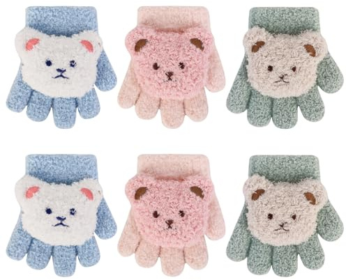 Jupsk 3 Pairs Kids Gloves Winter Knit Magic Full Finger Gloves Stretchy Warm Fluffy Mittens for Baby Toddler Children Boys Girls 2-3 Years