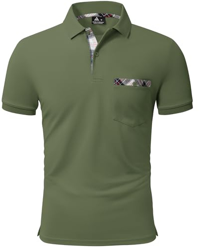 geeksport Polo Hombre Golf Manga Corta Color Contraste Cuadros Elegante Transpirable Slim Fit Camiseta de Polo Verano Negocios con Bolsillo en el Pecho para Homb(Verde Militar 2XL)