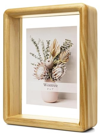 Wontree 7x9 Floating Picture Frame, Nature Pine Wood with Double Sided Real Glass, Fits 5x7 Print or Display Any Size Photo up to 7x9, Wall Hanging or Tabletop Free-Standing