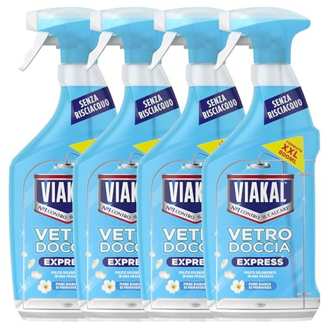 Viakal Vetro Doccia Express Spray, Fiori bianchi, Senza Risciacquo, Pulizia scintillante in una sola passata, 4x800ml