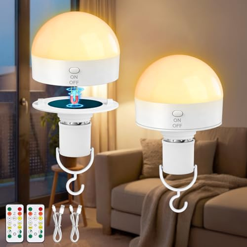 Kimjo E27 Wiederaufladbare Glühbirne mit Fernbedienung, 3 Farben, 2 Stück | Aufladbare Glühbirne mit Batterie, USB, Dimmbare, Abnehmbare Magnetische Akku Glühbirnen Aufladbar, Camping Lampe, Outdoor