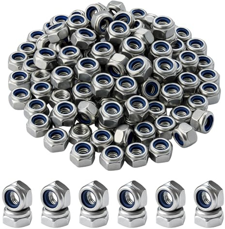 100Pcs M6 Nuts Nylock, Stainless Steel Hex Nylon Insert Self Locking Nuts, Anti-Loosening Threaded Hexagon for Bolts, Screws, Machinery, Automotive, Construction and General Fastening Use