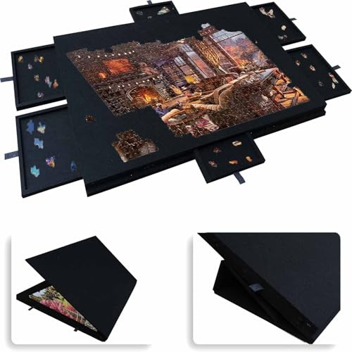 Lutande pusselbräda med 2-i-1 designad ställning och lock, lätt filtförvaringsväska med 6 lådor, pusselbord för vuxna och barn Black 1500 pieces 90 * 63 * 4.2cm