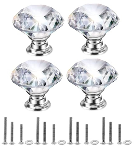 40mm Crystal Glass Knob, 4PCS Diamond Shape Pulls,Clear Glass Drawer Handle