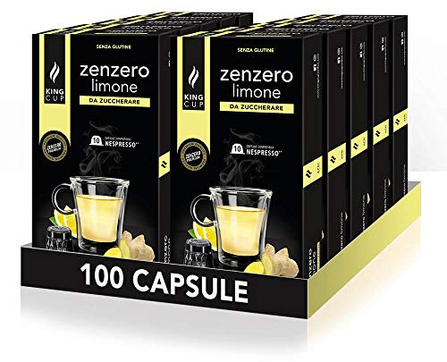 King Cup - 10 Confezioni da 10 Capsule di Zenzero e Limone da Zuccherare, 100 Capsule Compatibili con Sistema Nespresso, Bevanda al Gusto di Limone e Zenzero, Senza Glutine, Senza Lattosio