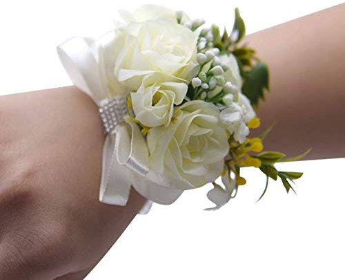2 Stück Weiß Hochzeit Braut Handgelenk Blume Künstliche Rose Band Schleife Armband für Hochzeit Bälle Party